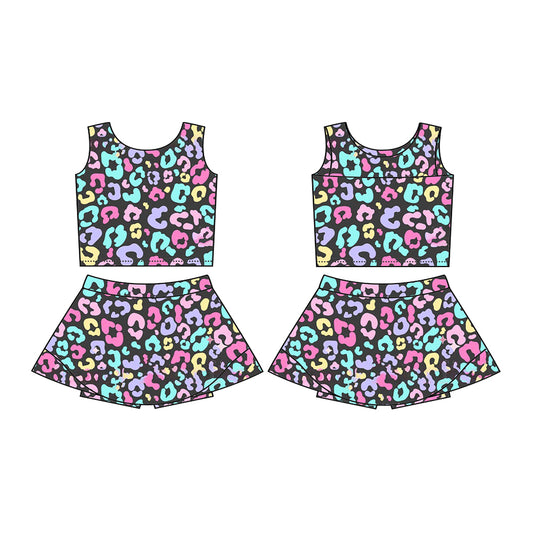 GSD2176Colorful Leopard Print Sleeveless Active Wear Set for Kids Girls - Comfortable Sportswear Ensemble