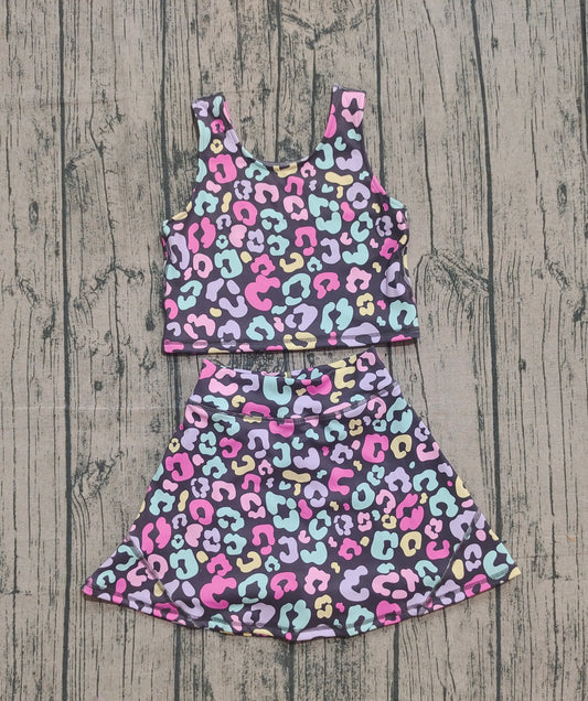 10.1 GSD2176 Sample No Moq Yoga fabric Baby Girls Colorful Leopard Vest Top Skirt Shorts Yoga Clothes Sets