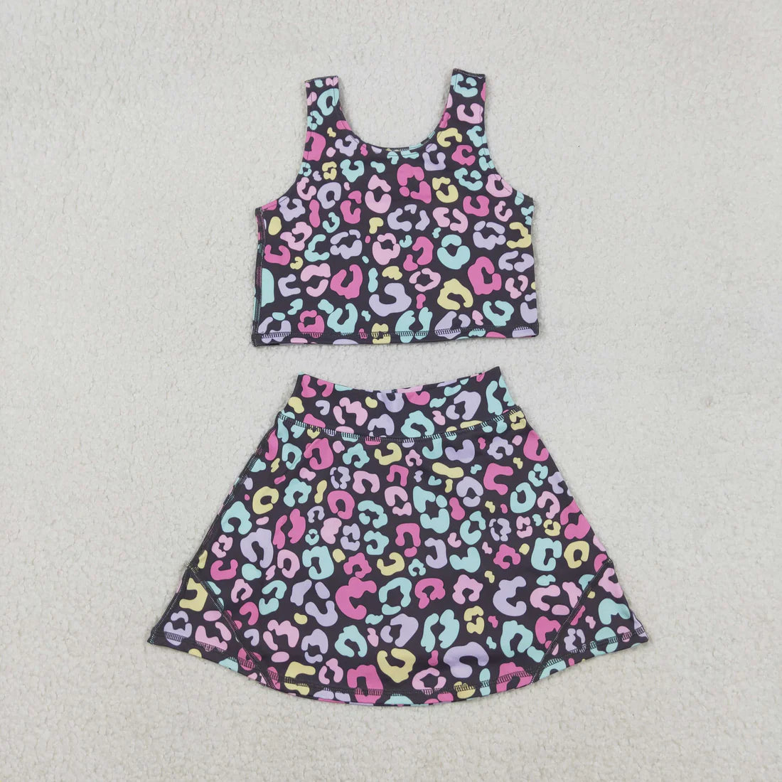 11.13 RST Sibling Baby Girls Colorful Leopard Shorts Yoga Clothes Set Knee Length Dresses
