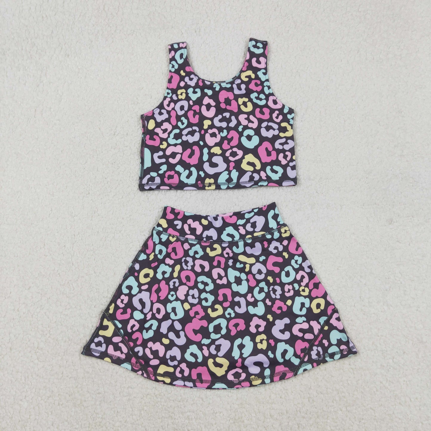 11.12 RTS NO MOQ （In stock）GSD2176 Baby Girls Colorful Leopard Vest Top Skirt Shorts Yoga Active Clothes Sets