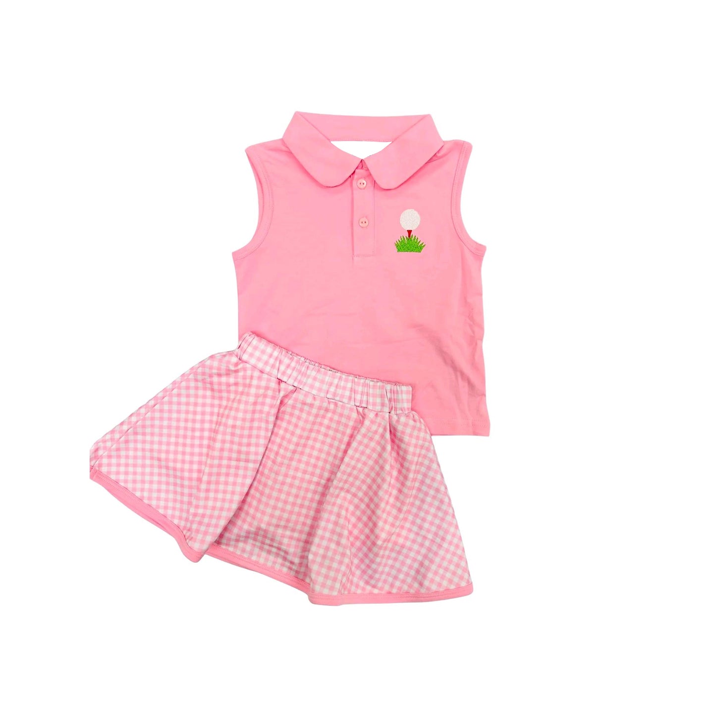 Kids Pink Golf Polo Shirt Plaid Skirts Outfit Set Girls Preppy Clothing Set Summer 2025 Trendy Children's Fashion