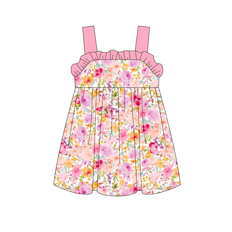 Girls Pink Straps Ruffle Floral Tunic Short Set Cute Clothing Outfit for Little Girls