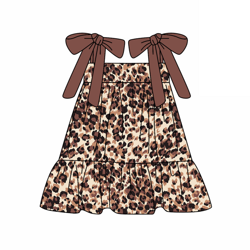 Girls Brown Straps Leopard Tunic Ruffle Shorts Outfit Set - Animal Print Top with Flared Skirt Bottom for Kids