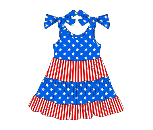 GSD2185Girls' Stars Stripe Patchwork Ruffle Dress, 4th of July