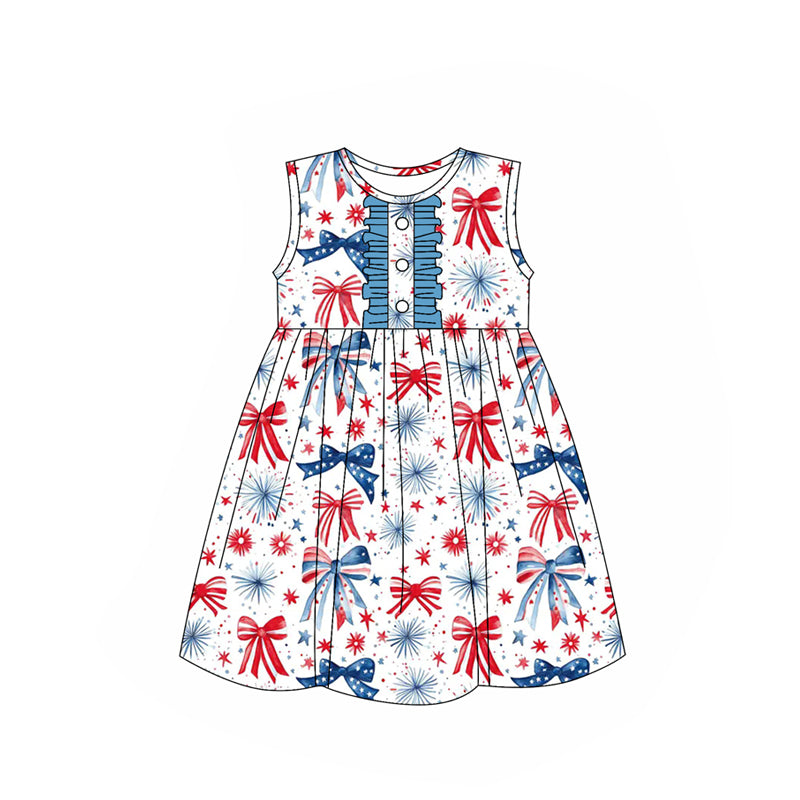 Girls Sleeveless Blue Red Bow Tunic Shorts Outfit for 4th of July Independence Day Celebration