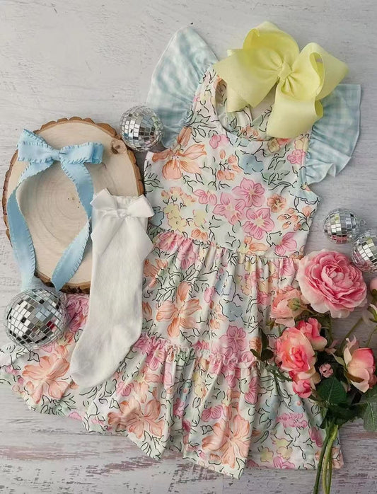 GSD2187Kids Girls Plaid Summer Dress with Floral Ruffle And Flutter Sleeves - Cute And Flirty Child's Outfit for Warm Weather
