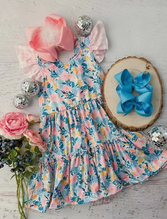 GSD2188Floral Ruffle Patchwork Girls Dress Pink Flutter Sleeves Cute Children's Clothing