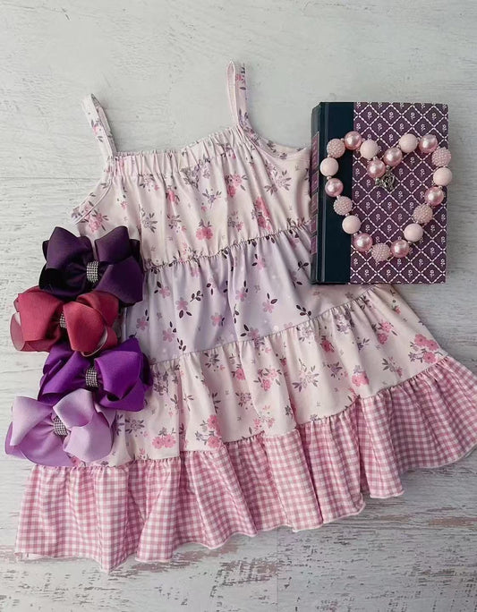 GSD2189Kids Girls Floral Plaid Ruffle Patchwork Dress with Straps - Cute And Stylish Children's Clothing
