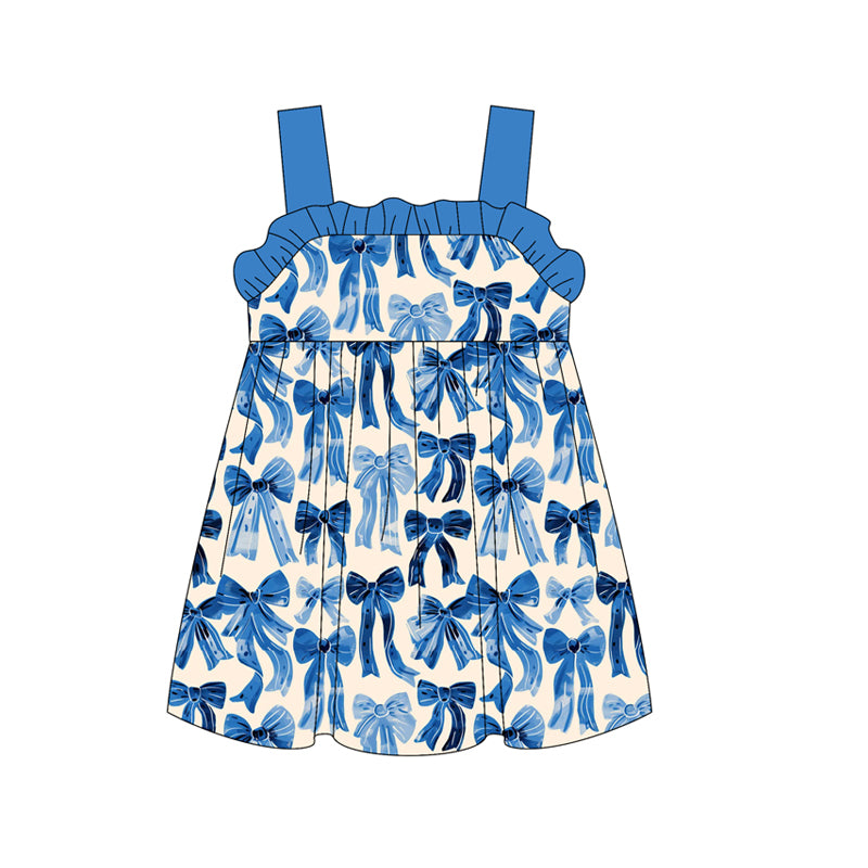 Girls Blue Ruffle Strap Bow Tunic Short Set Cute Straps Top Bottoms Matching Outfit Children's Clothing Set