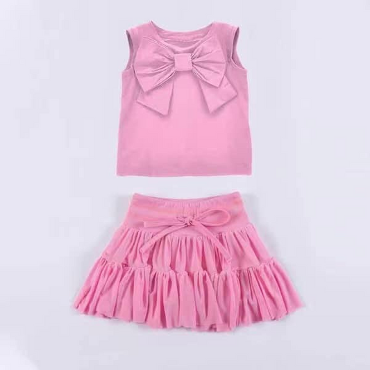 GSD2192Kids Girls Pink Sleeveless Bow Top Ruffle Skirt Set - Cute Casual Outfit