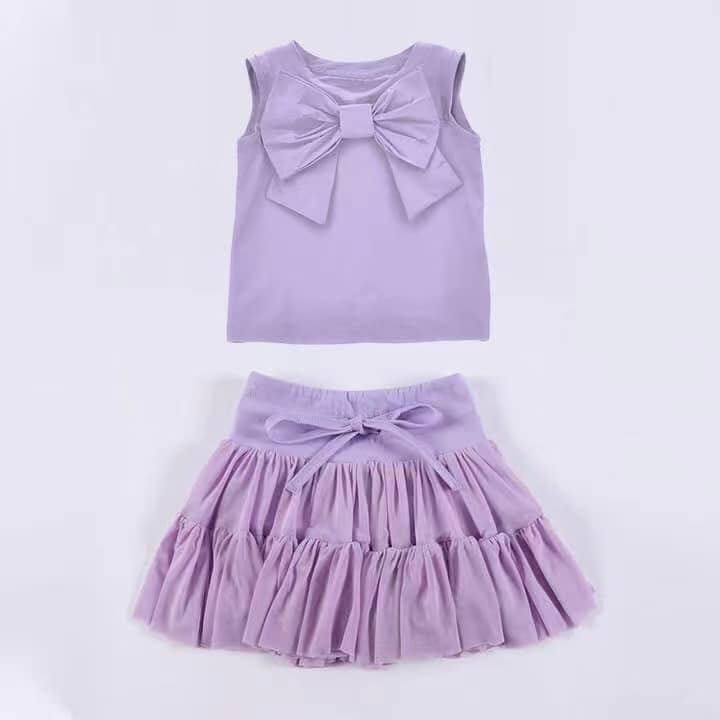 GSD2193Lavender Sleeveless Bow Top Ruffle Skirt Set Kids Girls Clothing Soft Comfortable Polyester Outfit for Girls