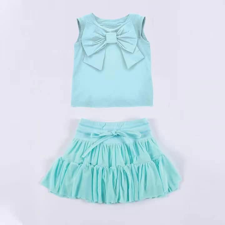 GSD2194Kids Girls Sleeveless Bow Cotton Top Ruffle Skirt Set - Cute Casual Clothing Outfit for Children
