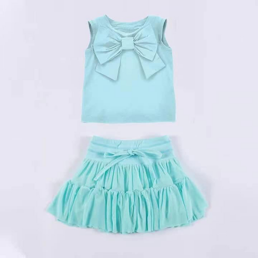 GSD2194Kids Girls Sleeveless Bow Cotton Top Ruffle Skirt Set - Cute Casual Clothing Outfit for Children
