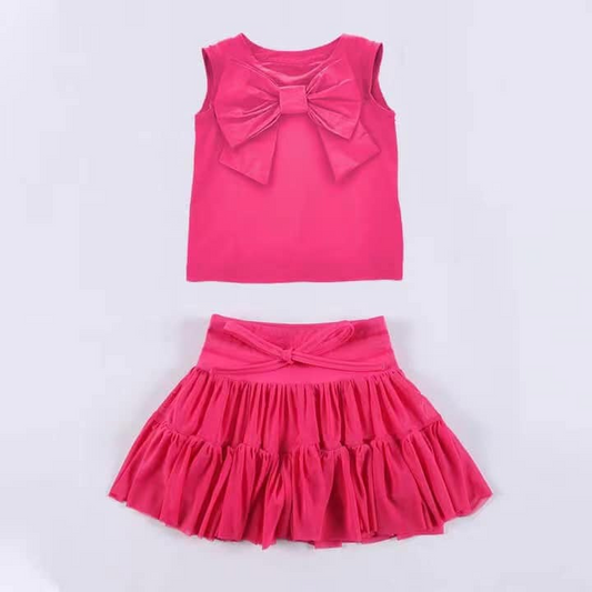 GSD2195Kids Girls Hot Pink Bow Cotton Top Ruffle Skirt Set - Cute Casual Outfit for Children