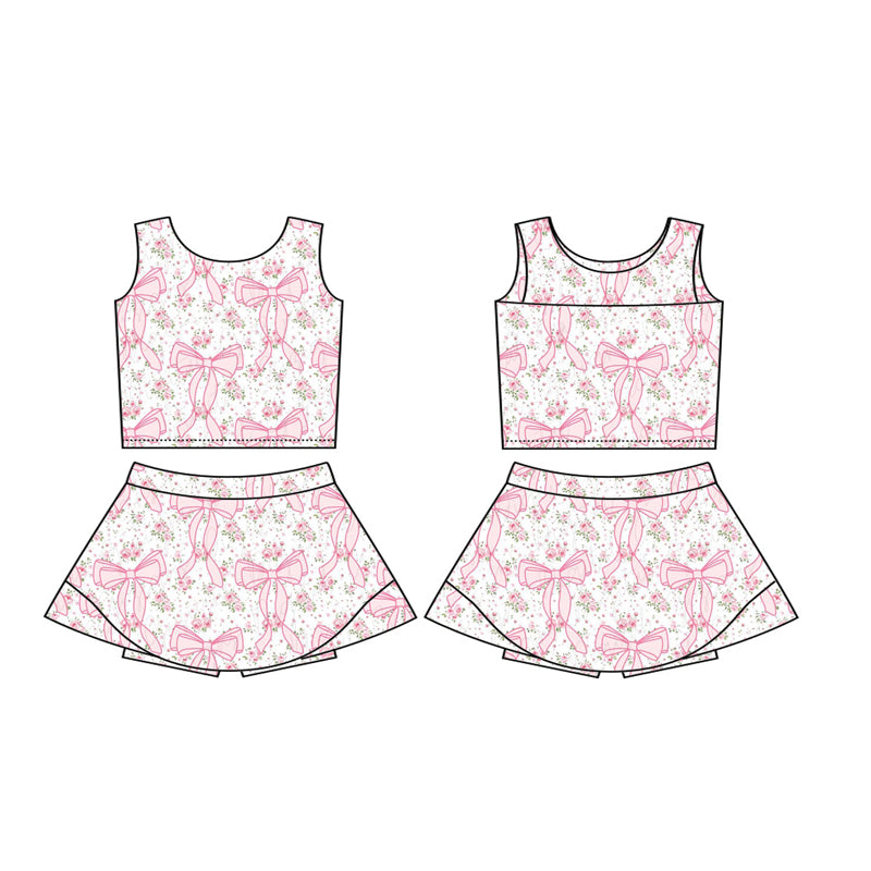 GSD2197Girls Sleeveless Bow Floral Top Skirt Set Pink Active Wear Outfit for Kids