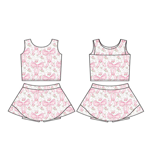 GSD2197Girls Sleeveless Bow Floral Top Skirt Set Pink Active Wear Outfit for Kids