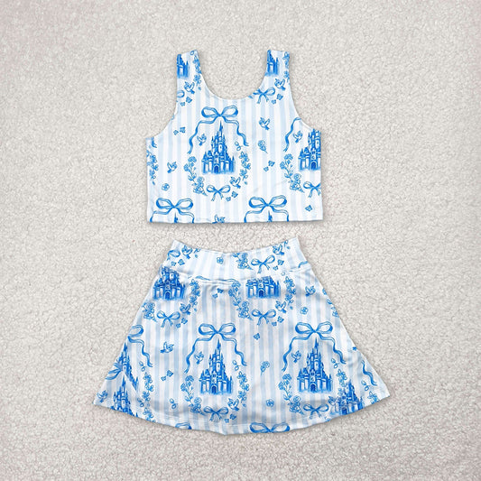 USA Shop (in stock)GSD2198  Baby Girls Yoga Outfits Sleeveless light blue bow castle top skirt girls active wear set