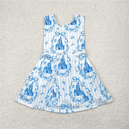 USA Warehouse (IN STOCK) GSD2200 Light Blue Sleeveless Bow Castle Girls Athletic Dress Children's Cute Princess School Uniform Style Dress for Girls