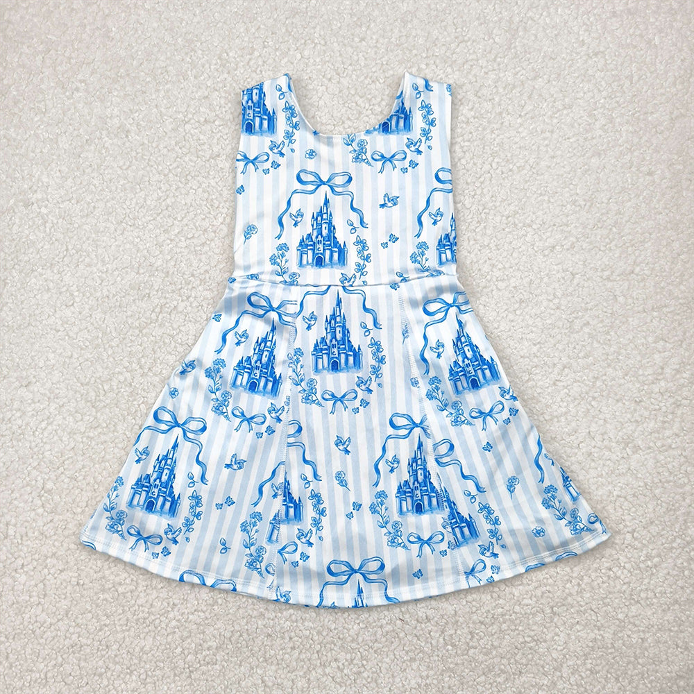 USA Shop (in stock)GSD2200 Baby Girls Summer Yoga Dress Light Blue Sleeveless Bow Castle Girls Athletic Dress Children's Cute Princess School Uniform Style Clothing for Girls