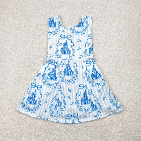 USA Shop (in stock)GSD2200 Baby Girls Summer Yoga Dress Light Blue Sleeveless Bow Castle Girls Athletic Dress Children's Cute Princess School Uniform Style Clothing for Girls