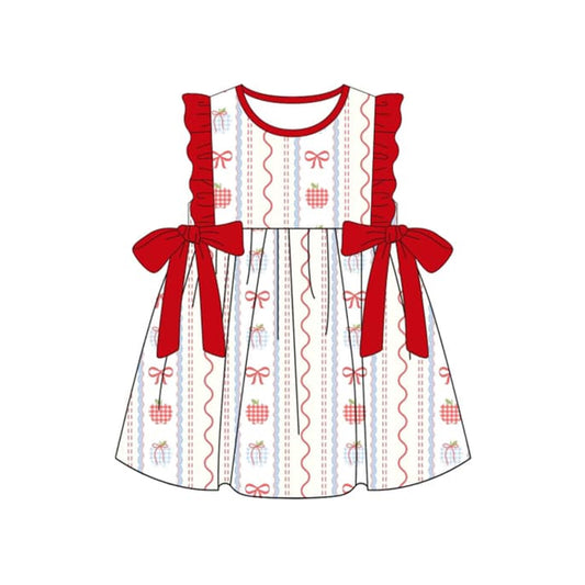 GSD2201Girls Red Ruffle Apple Bow Dress Cute Back to School Girls Dress Children's Party Clothing