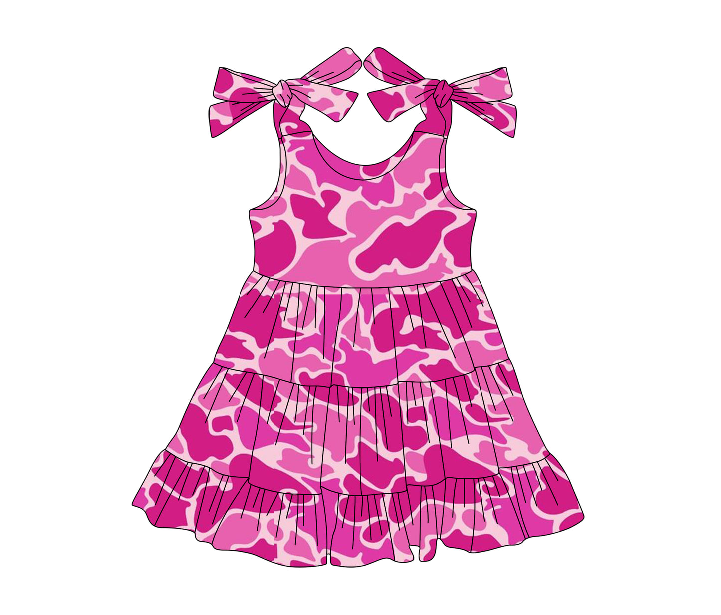 Girls Patchwork Ruffle Summer Dresses Hot Pink Camo Straps