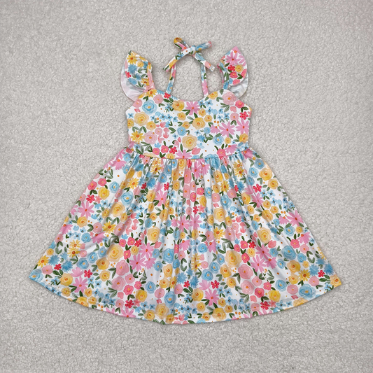 GSD2207 RTS NO MOQ Baby Girls Summer Dress  Kids Girls Yellow Floral Backless Dress with Flutter Sleeves Cute Casual Summer Dress for Girls