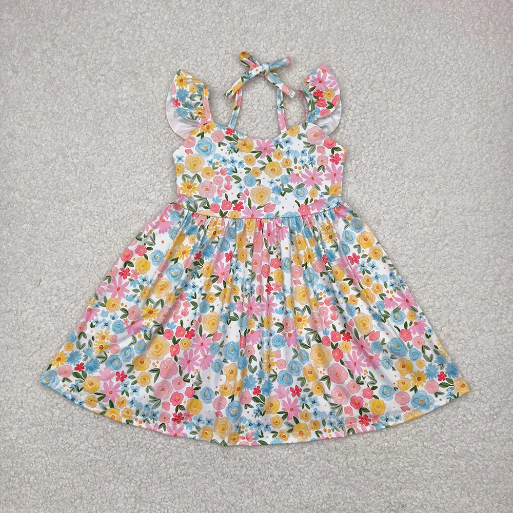 11.12 RST Sibling Baby Girls Flutter Sleeves Floral Backless Bow Knee Length Dresses