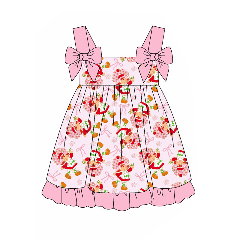 Girls Pink Straps Bow Tunic Short Set Strawberry Bow Design Cute Children's Clothing Outfit