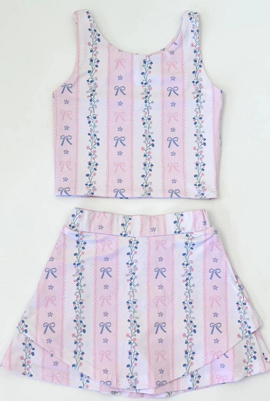 GSD2216Girls Sleeveless Bow Floral Top Skirt Set Pink Active Wear Outfit for Kids