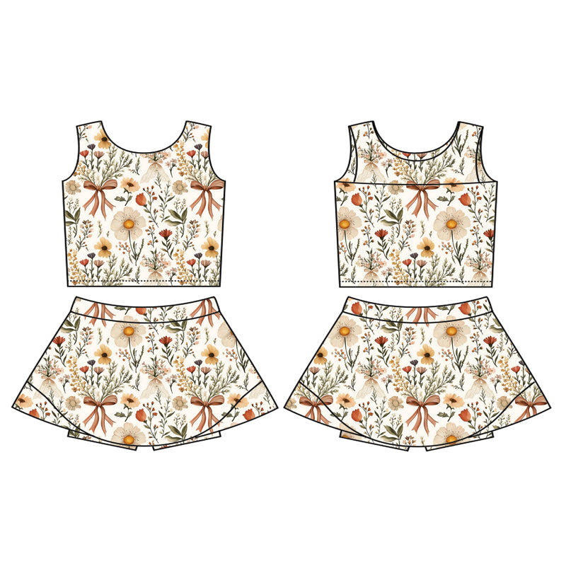 GSD2217Girls Sleeveless Beige Floral Bow Top Skirt Set Active Wear Outfit for Kids