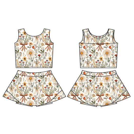 GSD2217Girls Sleeveless Beige Floral Bow Top Skirt Set Active Wear Outfit for Kids