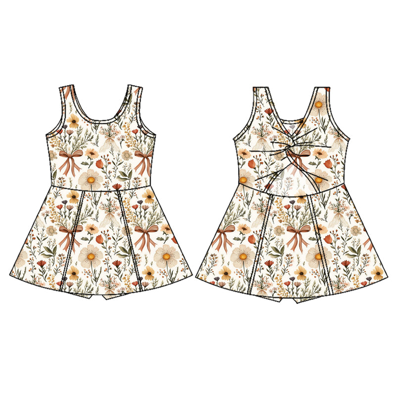 GSD2218Sleeveless beige floral bow kids girls athletic dresses