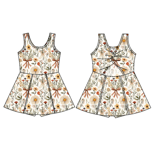 GSD2218Sleeveless beige floral bow kids girls athletic dresses