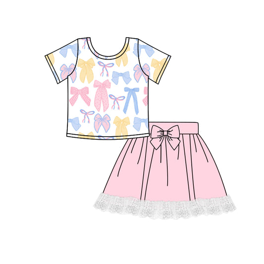 GSD2219Girls Clothing Set with Short Sleeves Colorful Bow And Pink Skirt Fashionable Kids Outfit