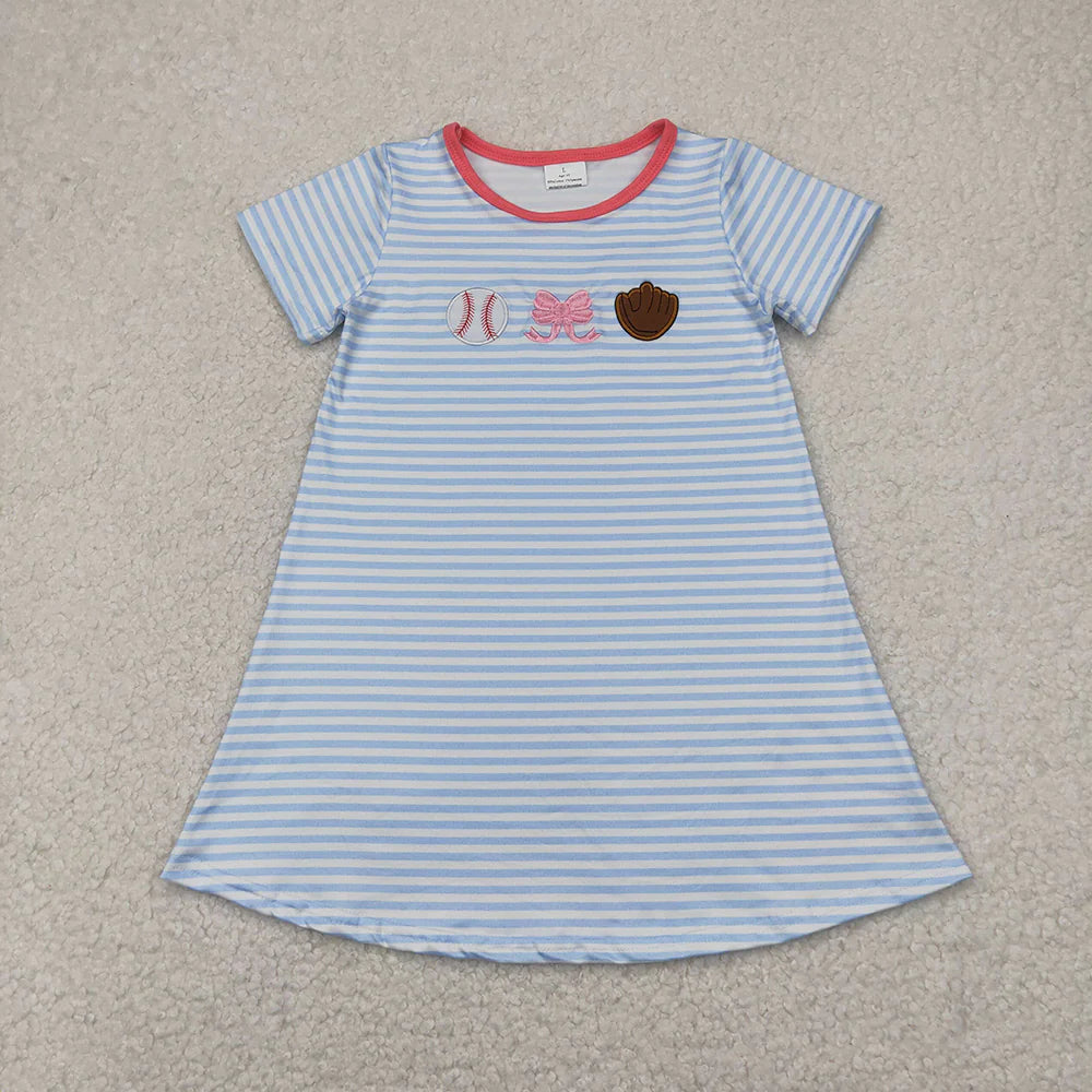 11.28 RTS Sibling Embroidery Baby Girls Stripe Bows Baseball Knee Length Dresses
