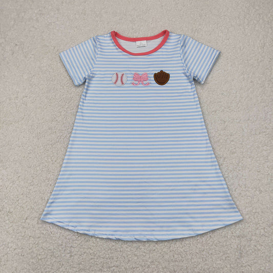 5.20 GSD2220 RTS NO MOQ Baby Girls Summer Dress Embroidery Baby Girls Light Blue Stripe Short Sleeves Bows Baseball Knee Length Dresses