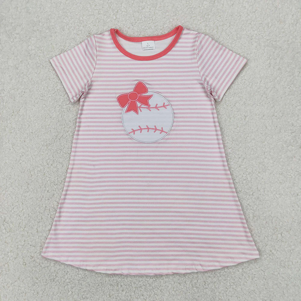 11.28 RTS Sibling Embroidery Baby Girls Stripe Bows Baseball Knee Length Dresses