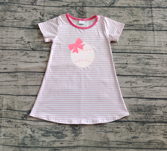 5.20 GSD2221 Sample 10days Arrived RTS Embroidery Baby Girls Pink Stripe Short Sleeves Bows Baseball Knee Length Dresses