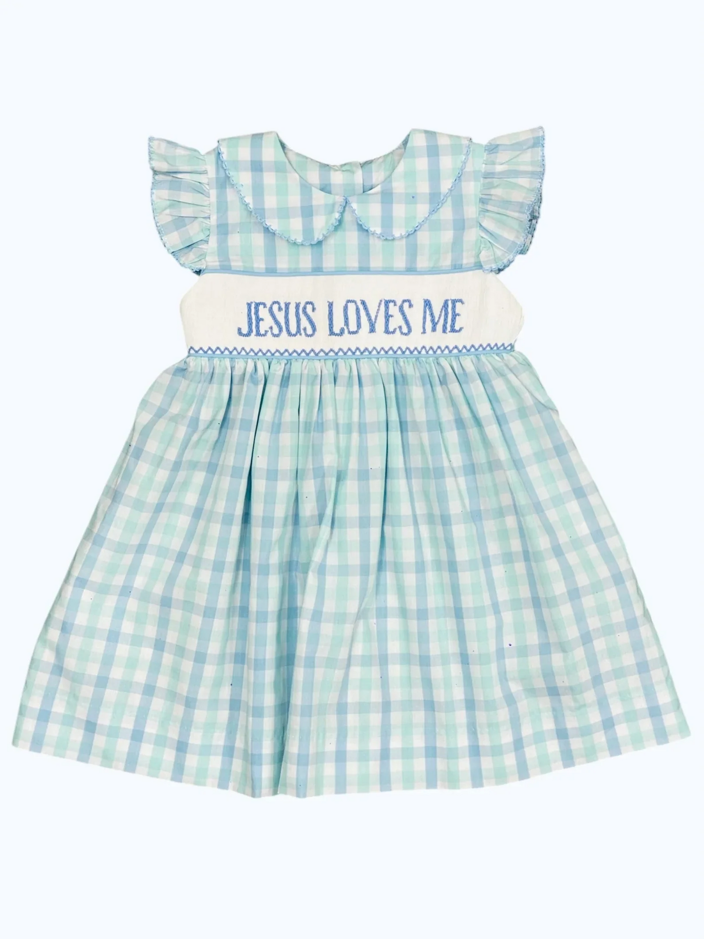 Kids Girls Plaid Dress with Flutter Sleeves 'Jesus Loves Me' Print Casual Comfortable Length Dress for Children