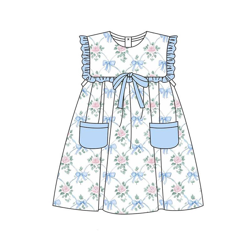 Girls Light Blue Ruffle Floral Bow Pockets Tunic Short Set Cute Casual Outfit for Kids
