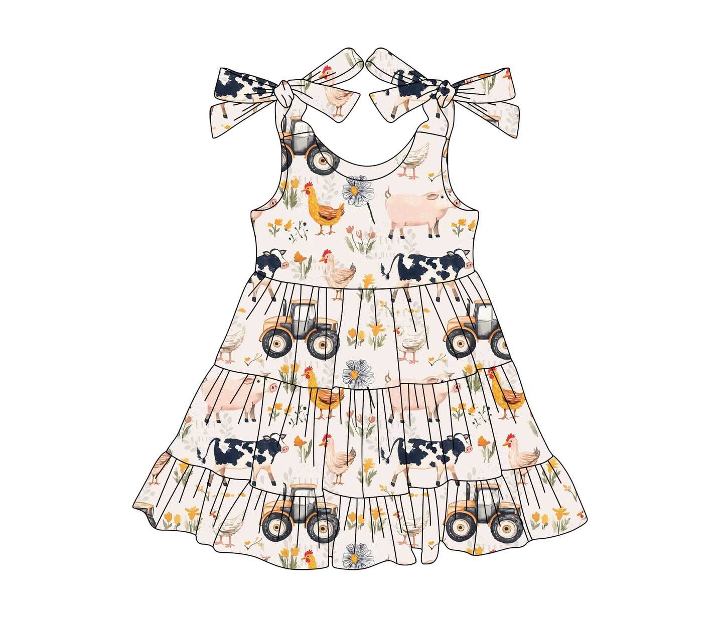 Girls Patchwork Farm Dress Green Plaid Straps Pig Tractors Theme Children's Casual Skirt Spring/Summer Autumn