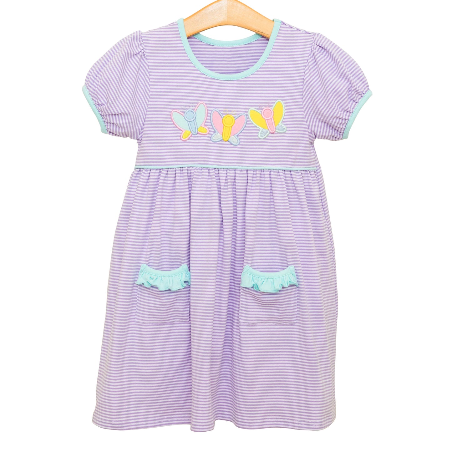 Lavender Stripe Butterfly Girls Dress Short Sleeve Cute Feminine Summer Fashion Children's Clothing