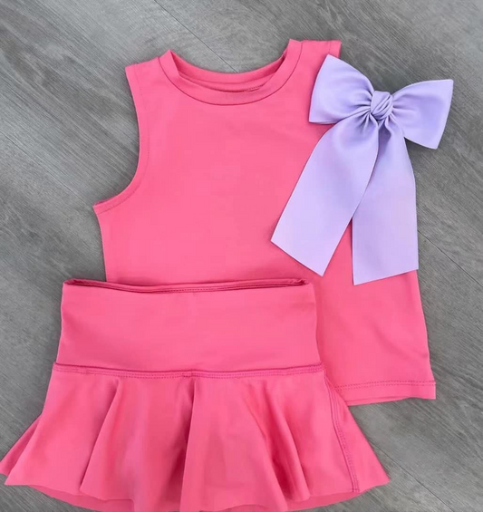 GSD2243Girls Sleeveless Pink Top Skirt Active Wear Set Cute Sportswear for Kids