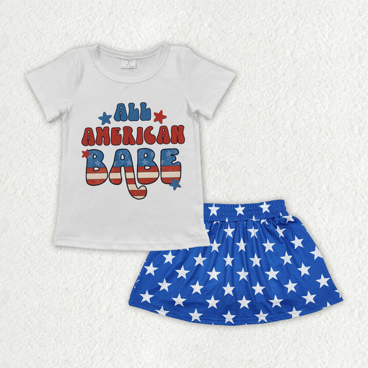 GSD2244Girls All American Babe Top with Star Print Skirt Set 4th of July Patriotic Clothing for Kids