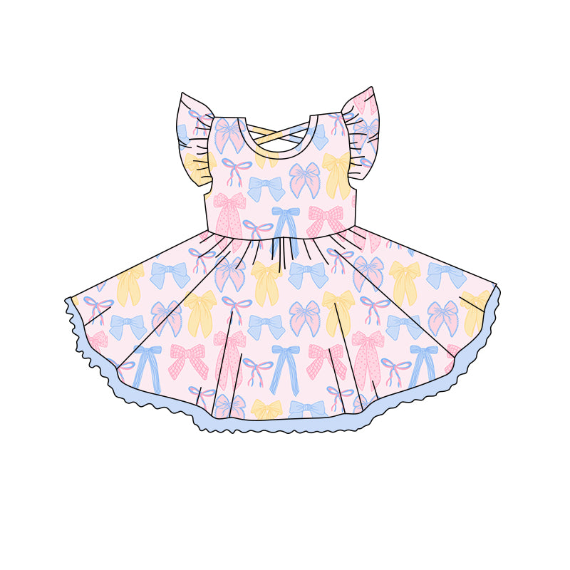 Kids Girls Summer Dress with Flutter Sleeves Pink Light Blue Bow - Cute And Fluffy Children's Clothing for Girls