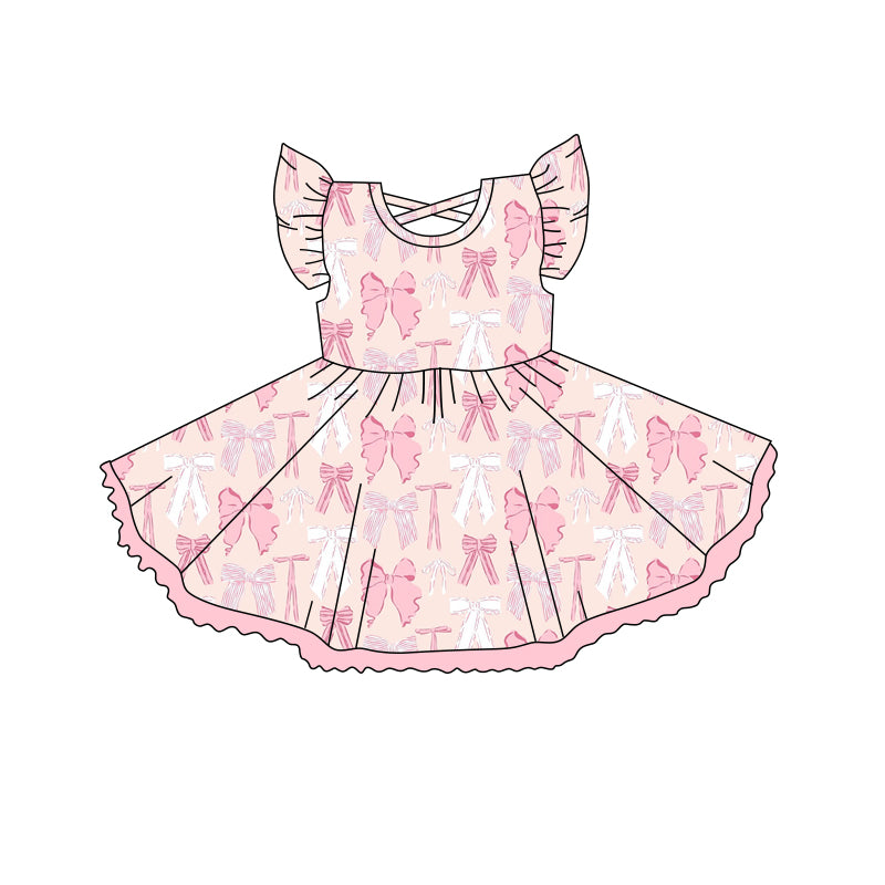 Kids Girls Summer Dress with Flutter Sleeves Pink Light Blue Bow - Cute And Fluffy Children's Clothing for Girls