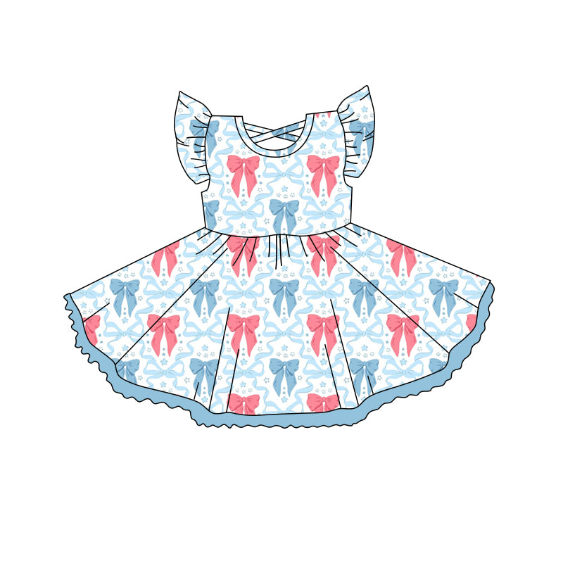 Kids Girls Summer Dress with Flutter Sleeves Pink Light Blue Bow - Cute And Fluffy Children's Clothing for Girls