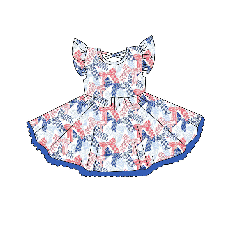 Kids Girls Summer Dress with Flutter Sleeves Pink Light Blue Bow - Cute And Fluffy Children's Clothing for Girls
