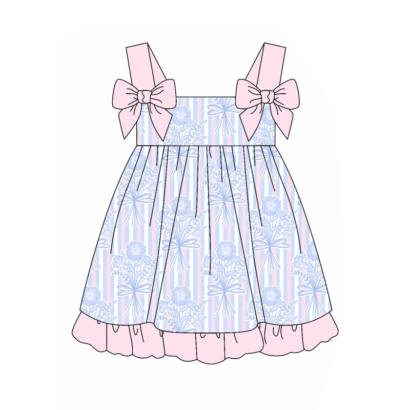 pre order Girls Striped Floral Tunic Ruffle Shorts Outfit with Straps - Spring/Summer Children's Clothing Set